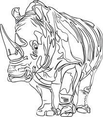 Line art illustration of a rhino in black and white and white background