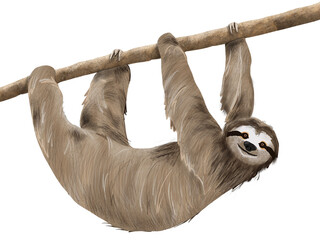 Happy sloth hanging from a tree illustration - obrazy, fototapety, plakaty