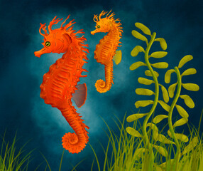 A couple of seahorses swimming in the ocean illustration