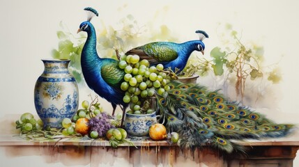  a horizontal format of a Peacock in a still-life with fruits, flowers, and vases in a Decor-themed, realistic illustration in JPG.  Generative ai