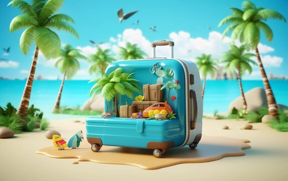 3d Illustration Of Beach In Travel Suitcase, Spring Break Concept. Generative Ai