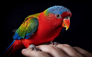 Realistic photo of a tame parrot perched on a human hand. generative ai