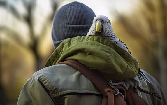 Realistic photo of a parrot sitting on a human's shoulder, photo from behind. generative ai