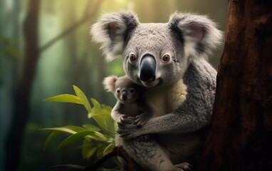 Realistic photo of mother koala with baby on her back, on a tree with tropical rainforest background. generative ai