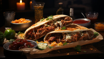 Grilled beef sandwich with pulled pork, guacamole, and coleslaw generated by AI