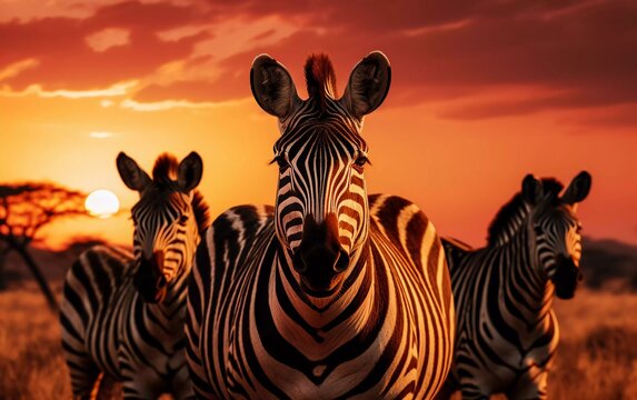 Realistic photo of a group of zebras in the African savanna, twilight background, serengeti national park. generative ai