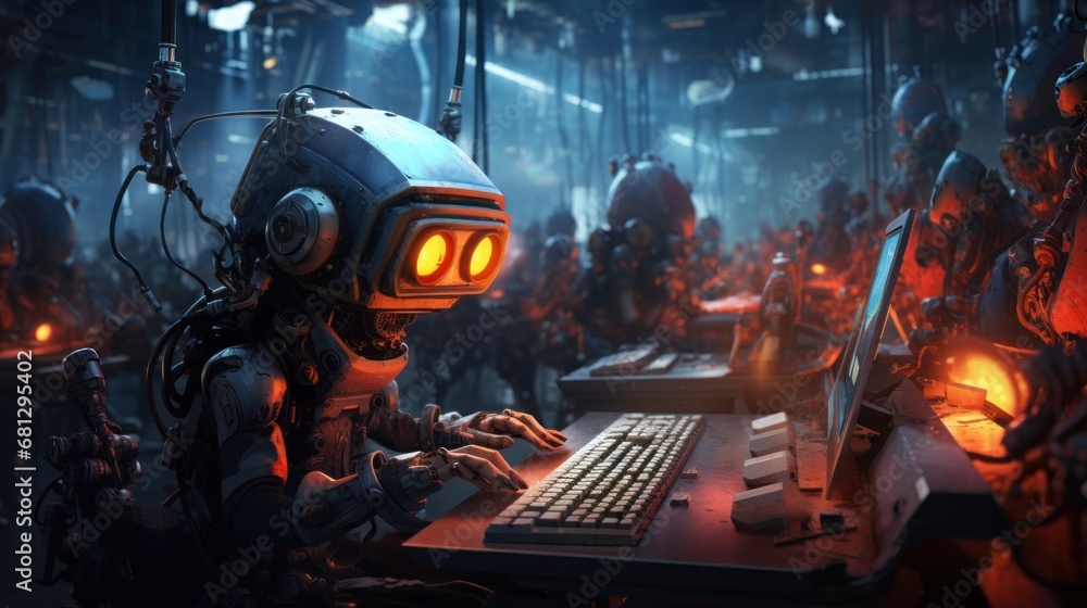 Poster robot is typing background wallpaper ai generated image