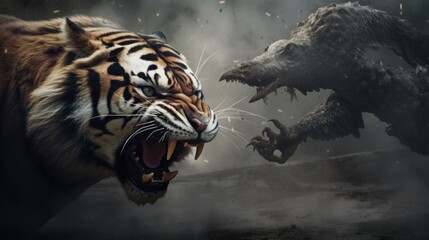 tiger vs monster background wallpaper ai generated - obrazy, fototapety, plakaty