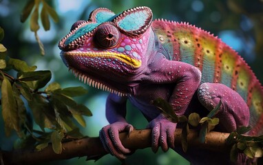 Realistic photo of panther chameleon, madagascar fauna on tree. generative ai - obrazy, fototapety, plakaty