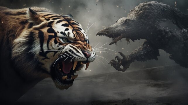 tiger vs monster background wallpaper ai generated