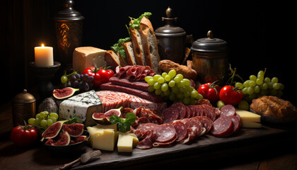 Freshness and variety on a rustic wood table gourmet delicatessen generated by AI
