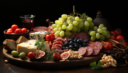 Freshness and variety on a rustic wooden table grapes, tomatoes, salami, bread, cheese, and wine generated by AI