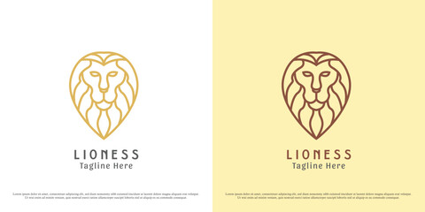 Lion head logo design illustration. Silhouette shadow lion wild wild animal zoo tag carnivorous animal crest majesty monarch elegant bold luxury drawing logo, - obrazy, fototapety, plakaty