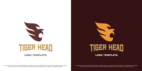 Tiger head logo design illustration. Animal character symbol tiger head claws fangs fur carnivore predator wild fauna. Simple flat icon bold royal modern minimalist monarch.