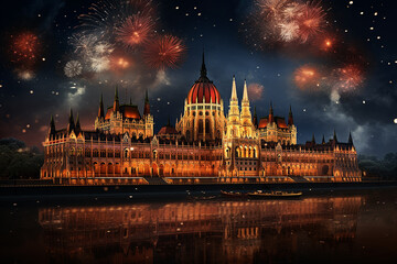 Fototapeta premium Generative AI Image of New Year Celebration with Hungarian Parliament Building in Europe