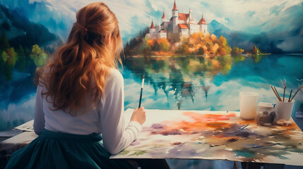 Water color. A girl painting a landscape with a lake and a castle on a canvas. creative. artistic. imaginative. colorful.
