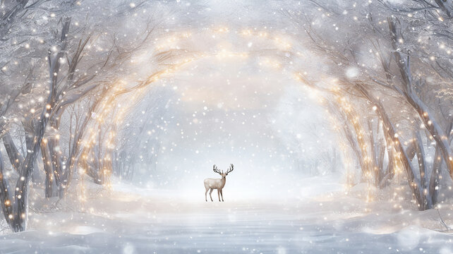 greeting card for christmas, deer in the winter forest, illustration of new year decoration