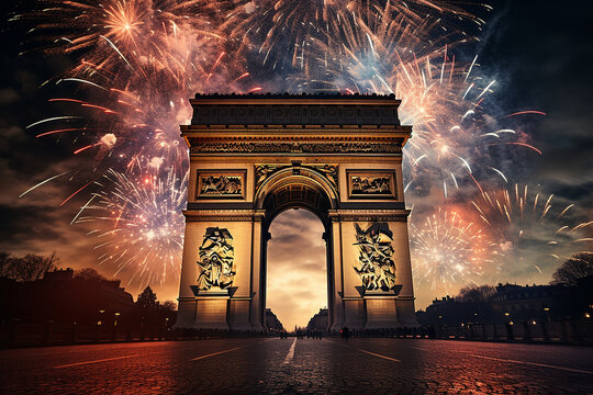 Generative AI Image of New Year Celebration with Historical Building Monument in Paris France