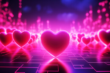 a pink neon light with hearts of heart, romantic frame background Generative AI