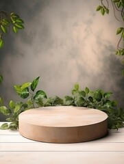 Wooden product display podium with nature leaves , empty podium, copy space, generative ai