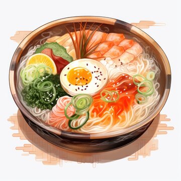 water color Korean Naengmyeon - Korean Cold Noodles flat vector design illustration, clipart cartoon style. Asian food. Korean cuisine. Korean cold noodle soup