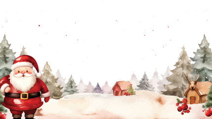 Watercolor Painting of a Deer Standing in a Snowy Landscape with a Village in the Background