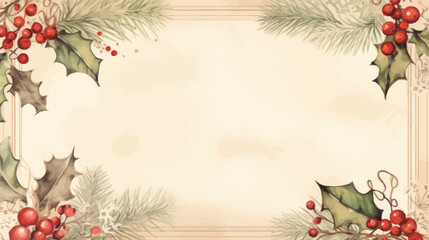 Christmas Holly Border with Red Berries and Green Leaves
