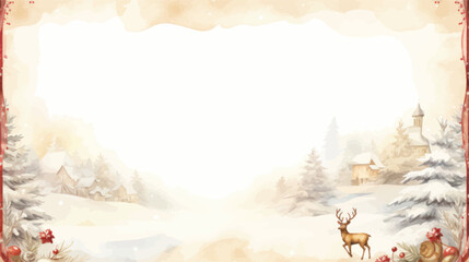 Watercolor Painting of a Deer Standing in a Snowy Landscape with a Village in the Background