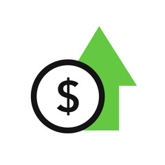 Dollar rate increase. Cost rising icon with money sign and growth arrow. Increase price, higher profit. vector..