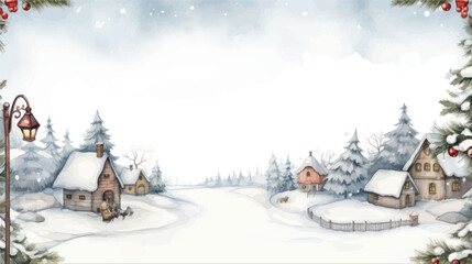 Fototapeta premium Watercolor Painting of a Deer Standing in a Snowy Landscape with a Village in the Background