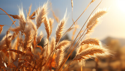 Rural scene, summer sunset, wheat growth, ripe cereal plant generated by AI