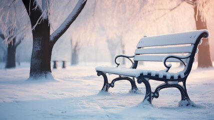 winter landscape, park bench, abstract background copy space, christmas view postcard