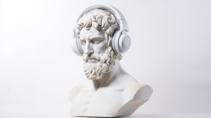 classical music concept, the head of an abstract fictional ancient male statue in modern music headphones, listening to music on a white background - obrazy, fototapety, plakaty