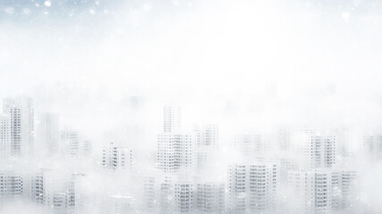 Fototapeta na wymiar blizzard in the city, abstract blurred light white urban background, snowfall on the background of apartment buildings in the city, silhouette, copy space