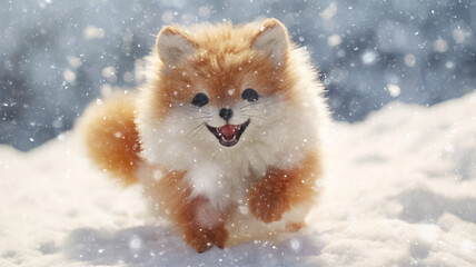 fox, fluffy plush children's toy running through the winter snow, snowfall, snowflakes falling cold christmas season, greeting card - obrazy, fototapety, plakaty