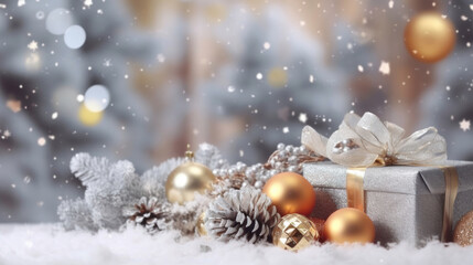 Naklejka na ściany i meble christmas decoration with candle , Christmas gift box, snow, winter, holiday, festive, celebration