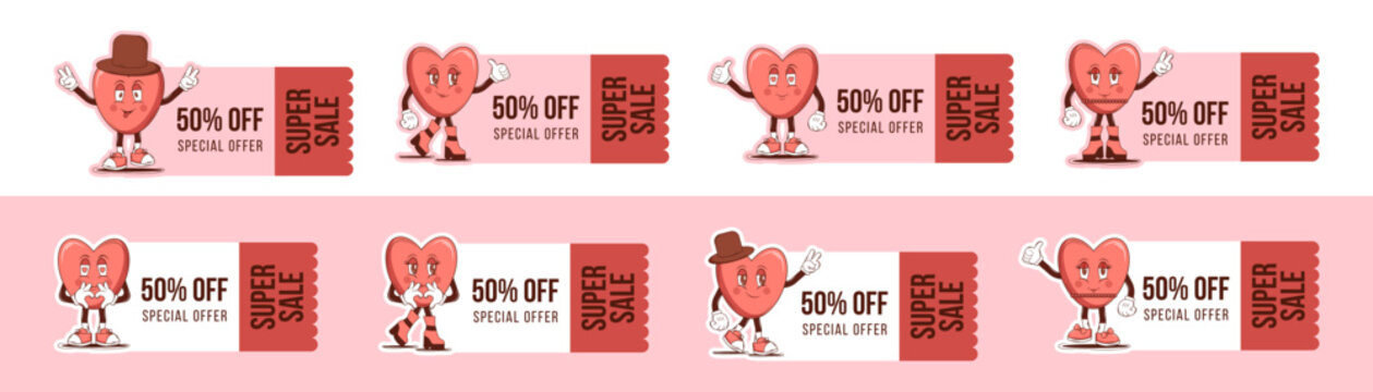 Set of cupon design for Retro Happy Valentines Day with Groovy lovely cartoon characters Heart and elements. Love and romance concept for super sale. Trendy retro 60s 70s style. Vector