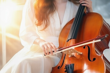 Close up of woman hands playing cello at the concert hall. Lifestyle concept of violinist and orchestral. - obrazy, fototapety, plakaty
