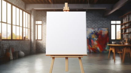 Wooden easel with a blank white canvas in modern interior of artis studio room - obrazy, fototapety, plakaty