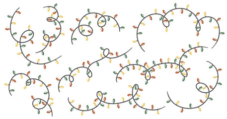 Christmas Garland Decoration. Color Lamp Lights String. Light Xmas bulbs. Cartoon colorful hand drawn vector illustration isolated on white background 