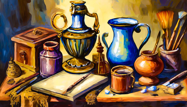 Still life with antique items in gouache