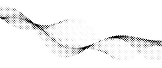 Halftone wave background. Dotted wind flowing shape wallpaper. Abstract wavy fluid backdrop texture. Curved liquid line element for poster, banner, overlay, card, brochure, flyer, booklet. Vector
