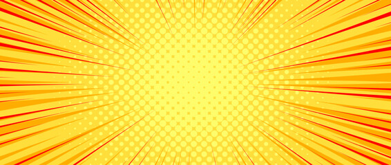 Yellow orange radial dotted comic background. Speed lines wallpaper with pop art halftone texture. Anime cartoon rays explosion backdrop for poster, banner, print, magazine, flyer. Vector illustration - obrazy, fototapety, plakaty