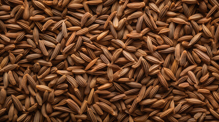 Top view full frame of whole ripe cumin seeds placed together as background.