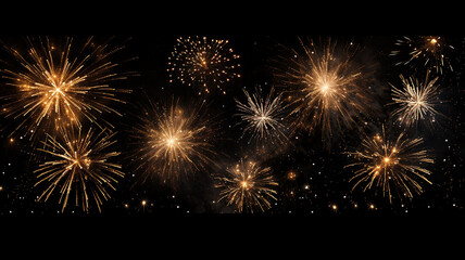 Golden fireworks isolated layer on black background, night festive view abstract