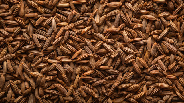 Top view full frame of whole ripe cumin seeds placed together as background.