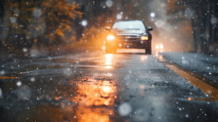 car on the highway, autumn wet road, danger of an accident in rainy weather slippery asphalt, fog poor visibility