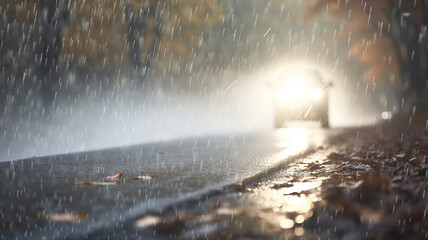 car on the highway, autumn wet road, danger of an accident in rainy weather slippery asphalt, fog poor visibility