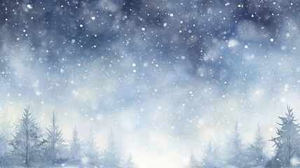 abstract watercolor background snowfall, christmas view blurred blizzard light blue snowflakes on a white city background