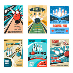 Bowling party, tournaments posters with lanes